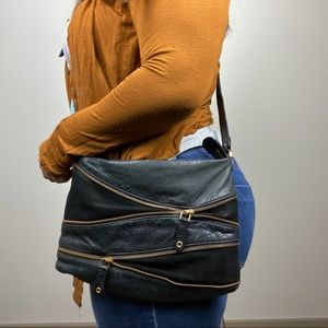 Cole Haan zipper black leather suede crossbody